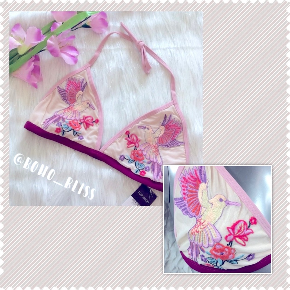 TOPSHOP | Hummingbird Embroidered Pink Bikini Top NWT